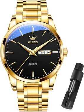 Men's Gold Black Big Dial Analog Quartz Stainless Steel Relojes Waterproof Watch